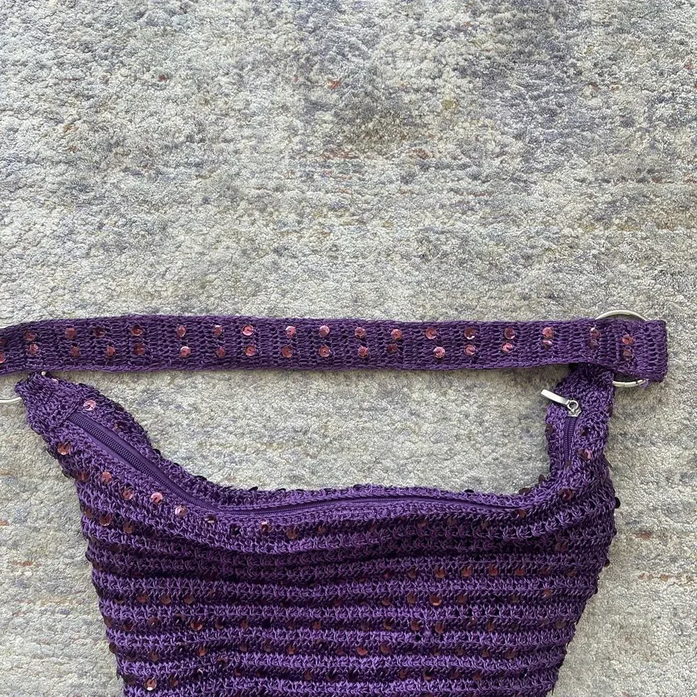 Purple Crochet Sequin Knit Hobo Shoulder Bag Slouchy Boho Handbag Zip Festival